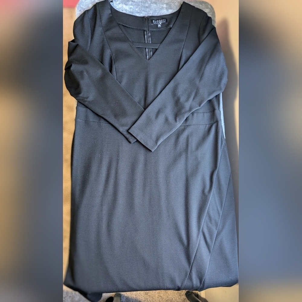 Eloquii Dress Women's 20 Black V-neck Long Sleeves With Front Slit Shift